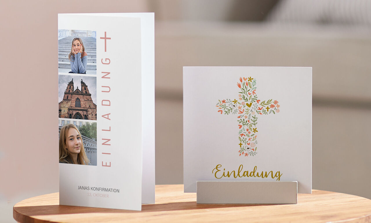 Zwei hübsch gestaltete Einladungen, eine zur Konfirmation, die andere mit einem bunten Kreuz und goldener Schrift "Einladung"