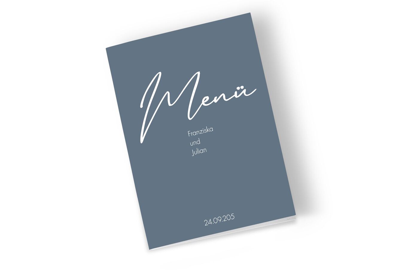 CEWE Menükarte in Blau mit weißer Schrift, Namen Franziska und Julian, Datum 24.09.2025