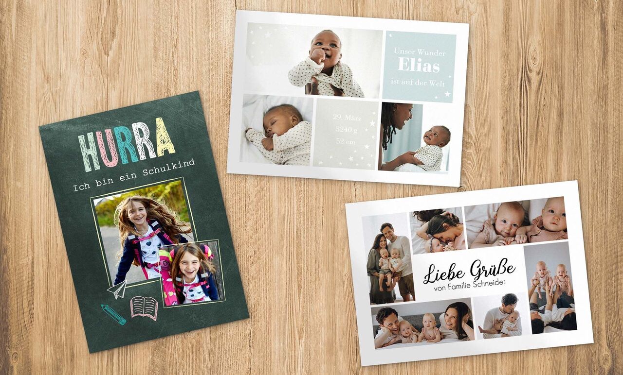 Ein bunter Schulkind-Gruß mit Fotos und liebevollen Botschaften.