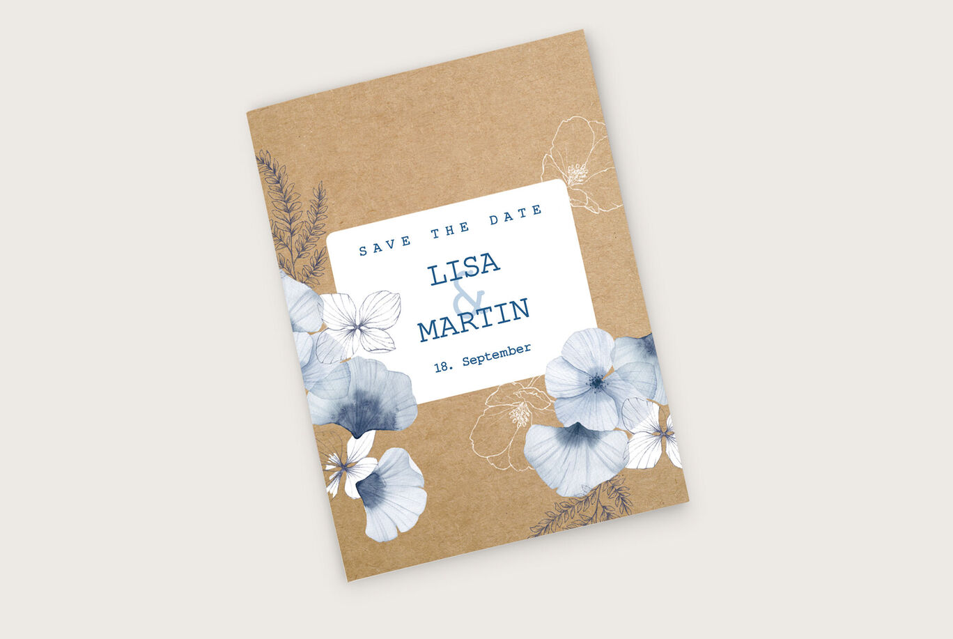 Hübsche Einladungskarte mit floralen Designs für eine Hochzeit von Lisa und Martin am 18. September