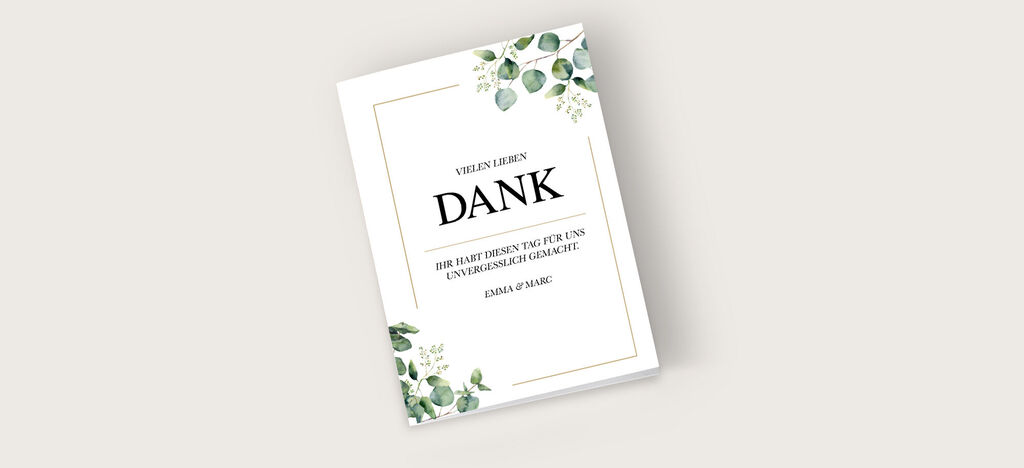 Weiße Dankeskarte mit dekorativen grünen Pflanzenornamenten und stilvoller Schrift