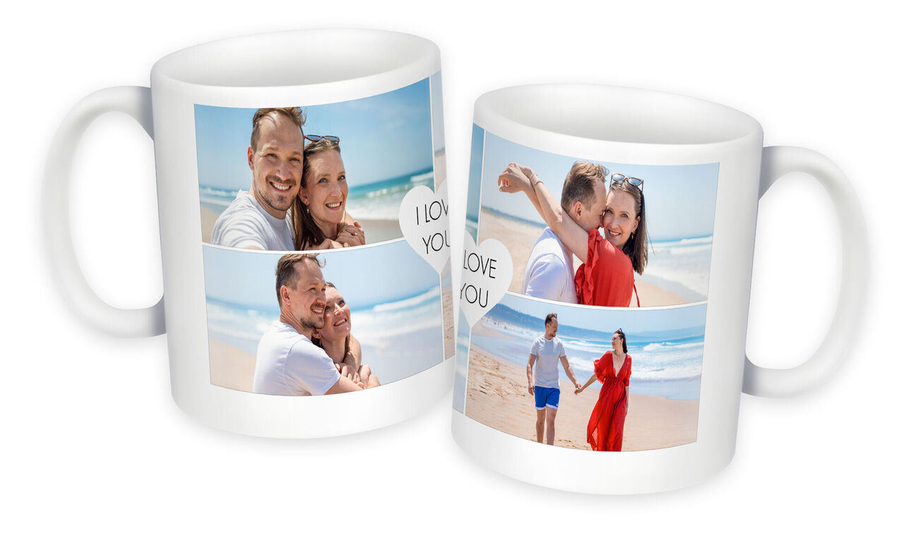 Zwei Tassen mit Fotos von einem Paar am Strand. Eine Tasse zeigt das Paar, das sich umarmt, und eine andere zeigt sie beim Spazieren. Schöne Erinnerungsmomente.
