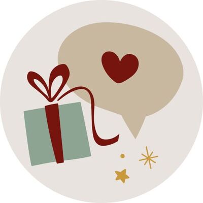 Ein geschenkverpacktes Paket mit rotem Band und eine Sprechblase mit einem Herz