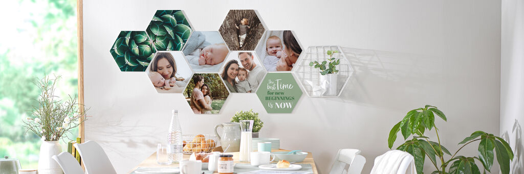 Wundervolles Wanddesign mit Bildern von Familie und Natur in Sechsecken.