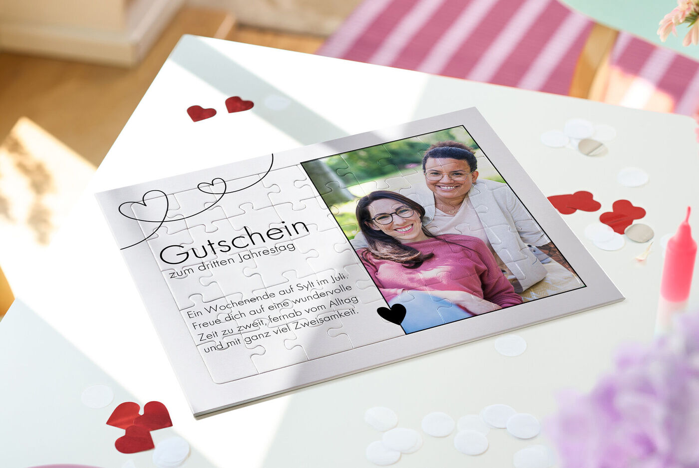 Puzzle-Gutschein mit Paarfoto und Text zum dritten Jahrestag liegt auf einem Tisch mit roten Herzen