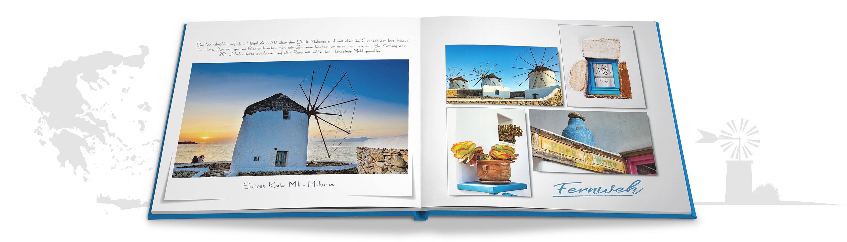 Ein offenes Fotobuch mit schönen Bildern von Windmühlen auf einer griechischen Insel.