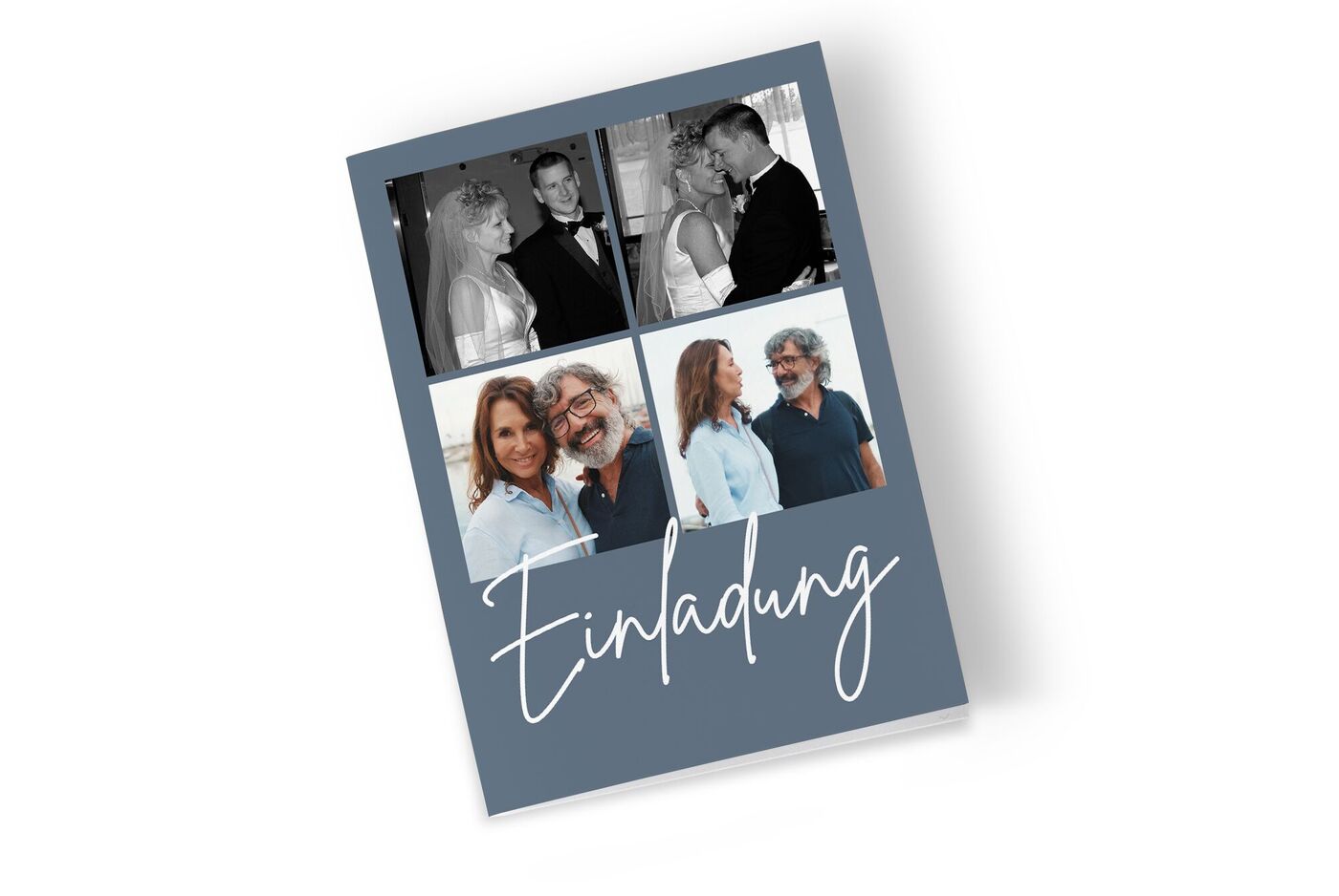 Eine Einladungskarte mit einem Collagendesign mit 4 Fotos auf der Vorderseite.