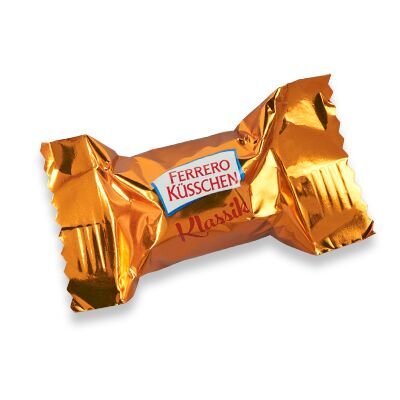 Ein Ferrero Küsschen in goldener Folie, verpackt mit einem roten Schriftzug. Ideal für ein süßes Geschenk.
