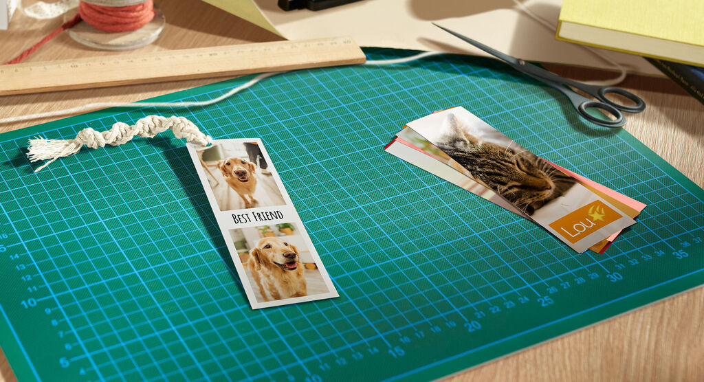 Zwei personalisierte Lesezeichen auf einem grünen Basteluntergrund; eines mit Hund und dem Text „BEST FRIEND“ in fröhlichen Farben.