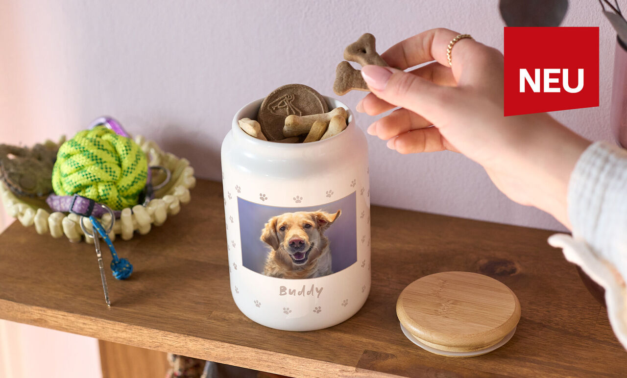 Weiße Keramikdose mit dem Bild eines fröhlichen braunen Hundes und dem Namen „Buddy“, gefüllt mit Hundekeksen; daneben liegt der Holzdeckel