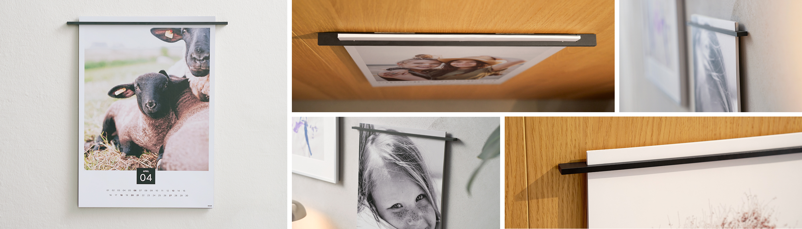 Ein schöner Fotokalender hängt an einer Wand mit Bildern von Tieren und Menschen, die eine herzliche Stimmung ausstrahlen