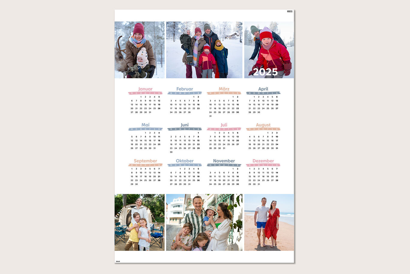 Ein farbenfroher Fotokalender für 2025 mit liebevollen Familienbildern in jeder Monatsansicht.