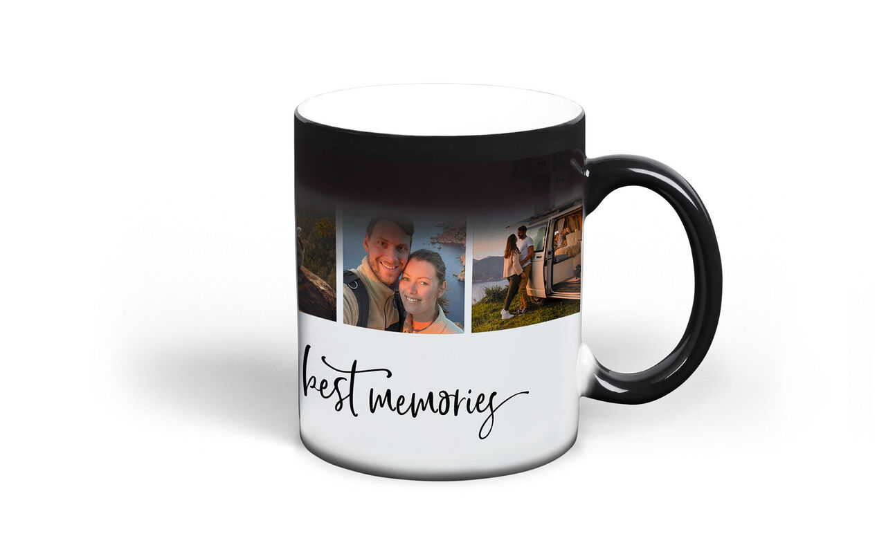 Schwarze Tasse mit Fotos und Schriftzug "best memories"
