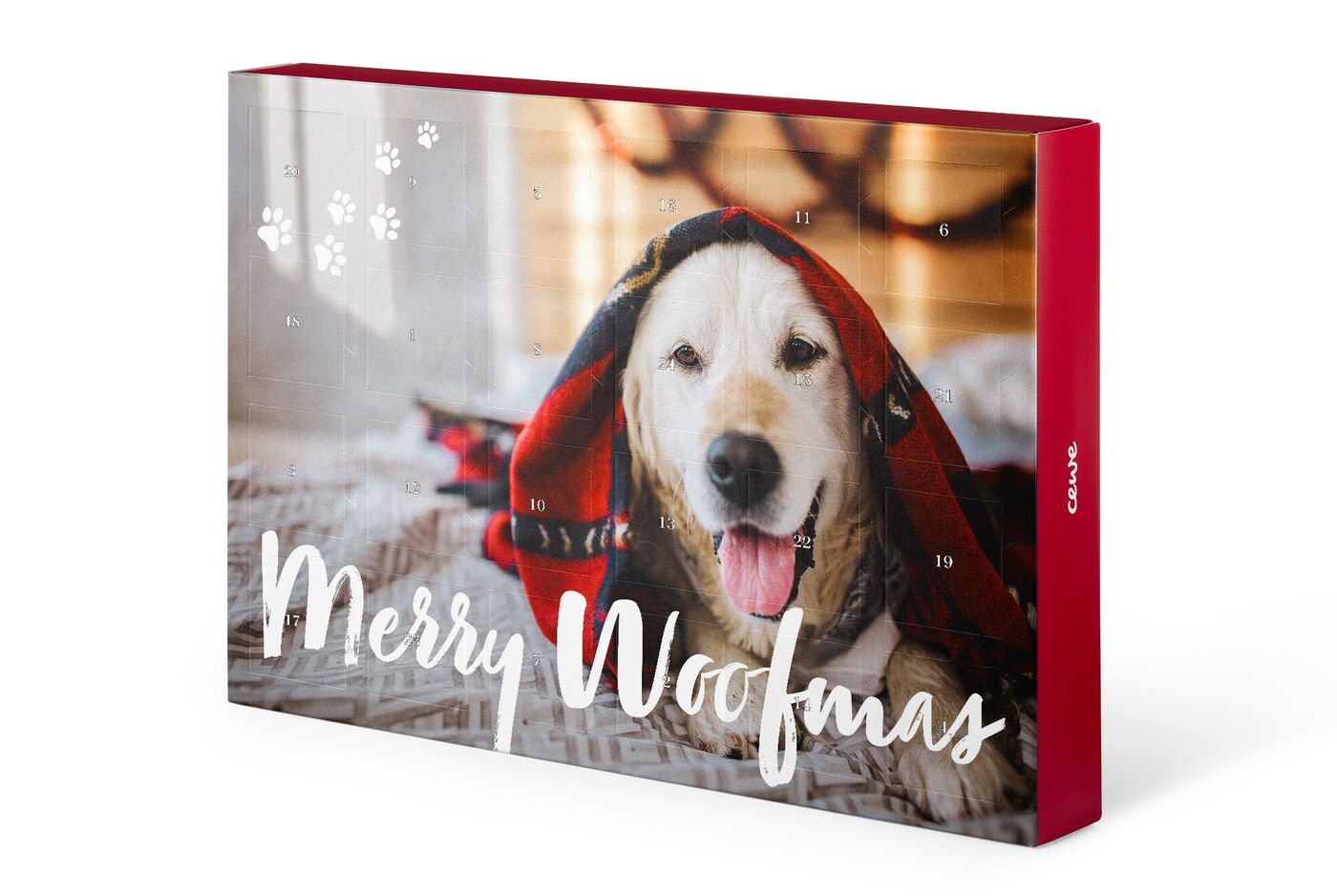Festlicher Adventskalender mit Hund im roten Schal