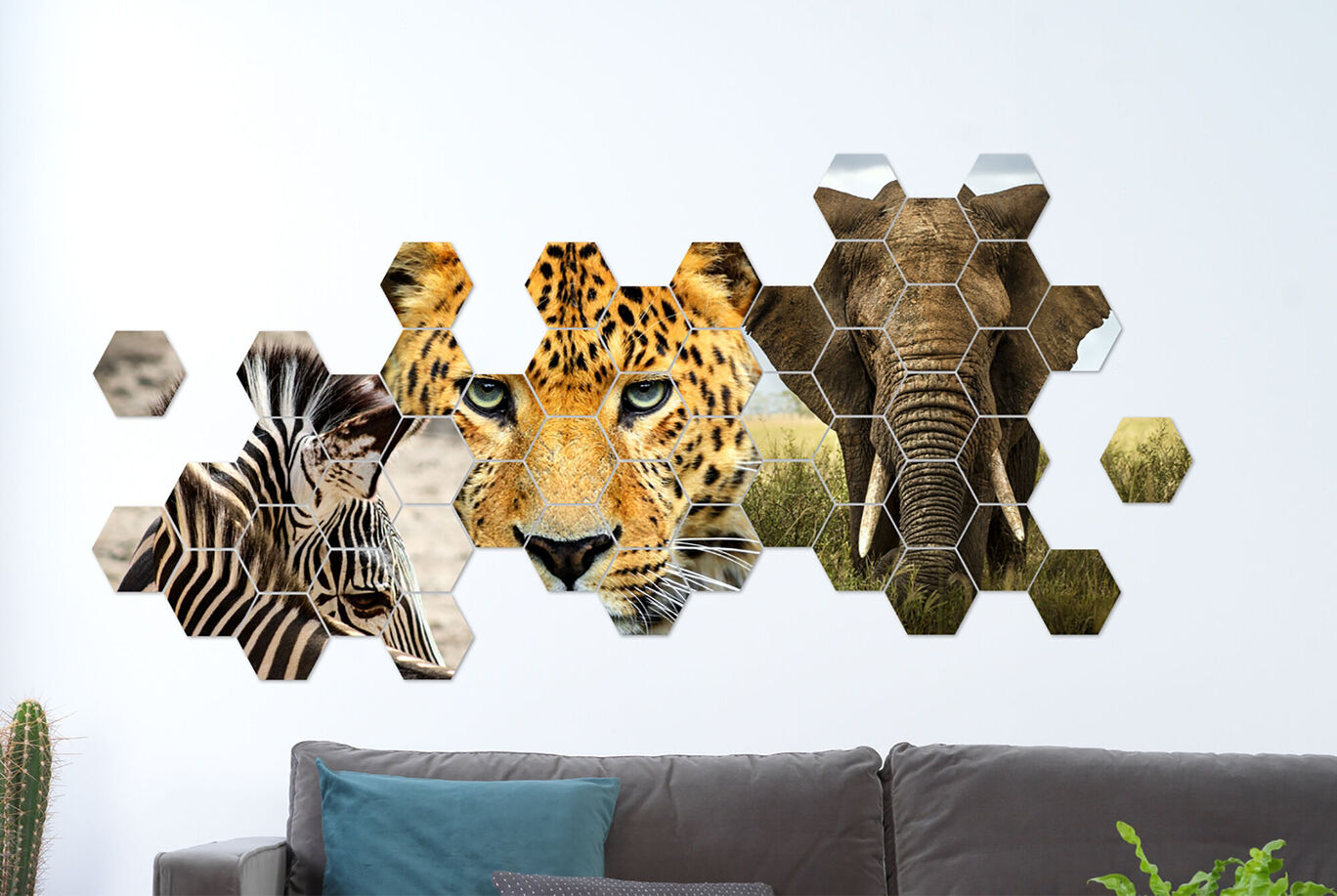Wandbild mit Hexagon-Design, das einen Leopard, ein Zebra und einen Elefanten zeigt