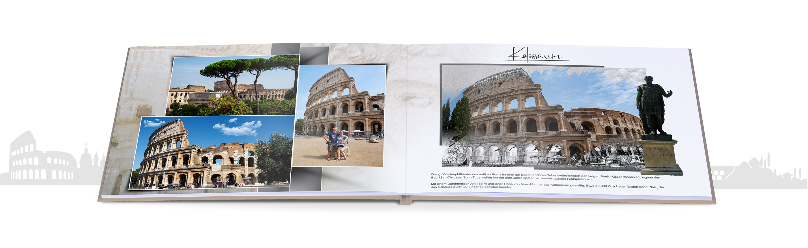Ein offenes Fotobuch mit wunderschönen Erinnerungen an Rom. Auf der linken Seite sieht man Fotos des Kolosseums und der wunderschönen Landschaft. Die rechte Seite zeigt eine detailreiche Aufnahme des Kolosseums und eine Statue daneben. Wundervolle Momen