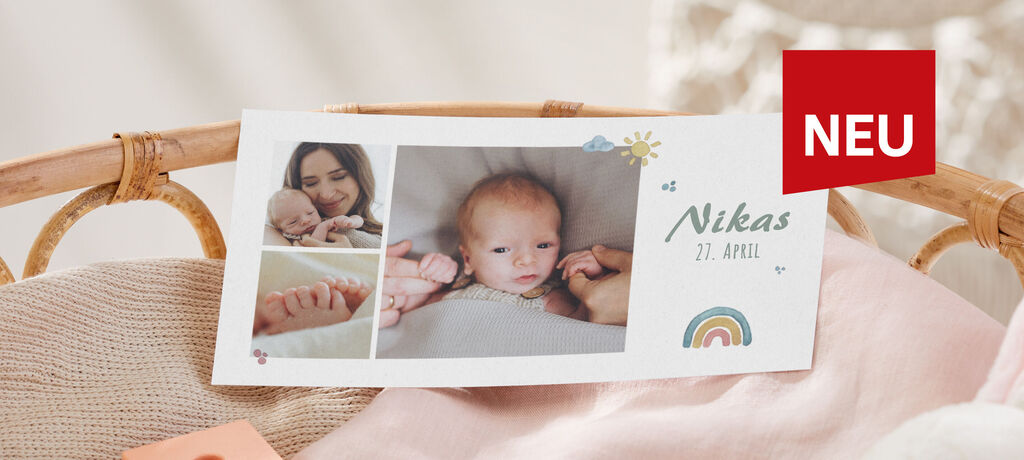 Ein liebevoll gestaltetes CEWE Grußkarten-Design mit Fotos eines Babys und einer bunten Regenbogenillustration.