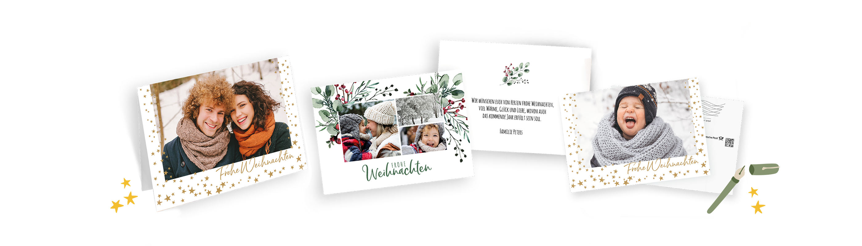 Vier liebevoll gestaltete Grußkarten mit festlichem Design