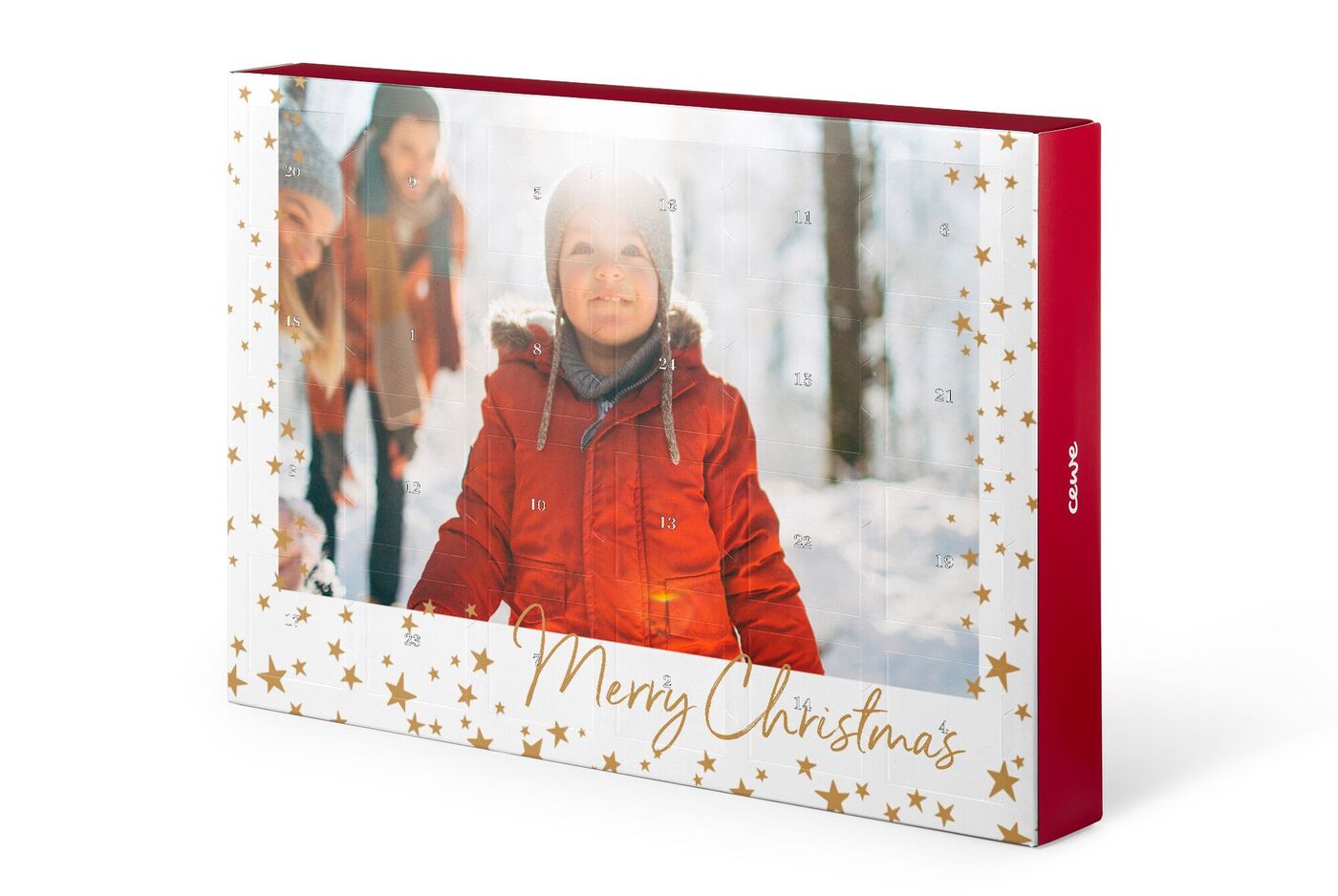 Ein roter Adventskalender mit festlichen Sternen und der Aufschrift 'Merry Christmas'