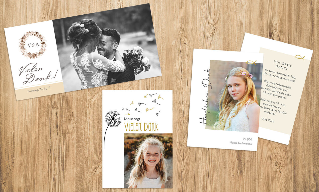 Wunderschöne Dankeskarten mit floralen Motiven und persönlichen Fotos