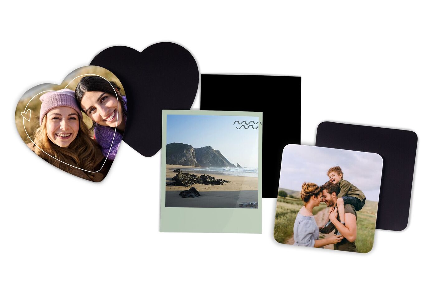 Herzförmige Fotos und quadratische Drucke auf einer Collage