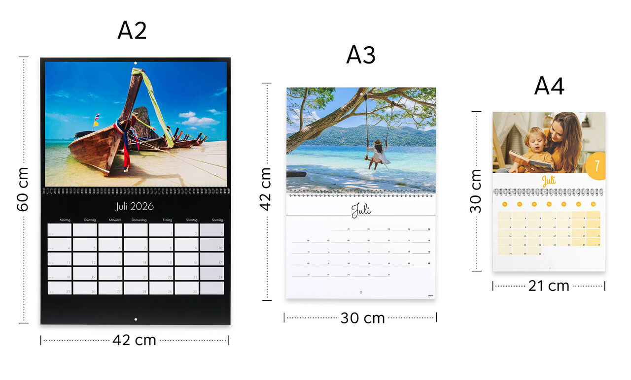 Drei verschiedene Fotokalender im Format A2, A3 und A4, gestaltet mit schönen Urlaubsmotiven