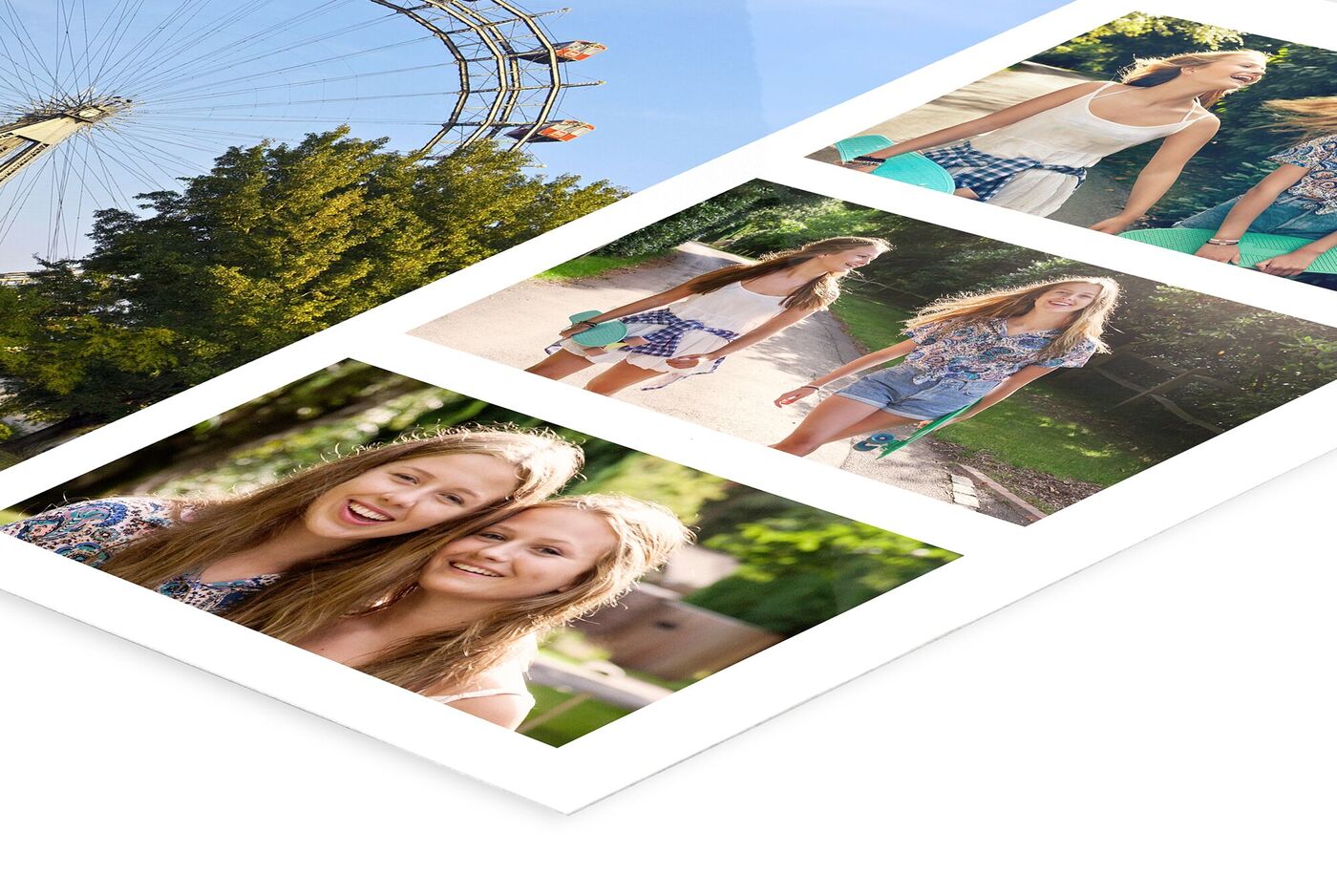 Vier Fotos von zwei Frauen, die zusammen im Park spazieren. Im Hintergrund ein Riesenrad.