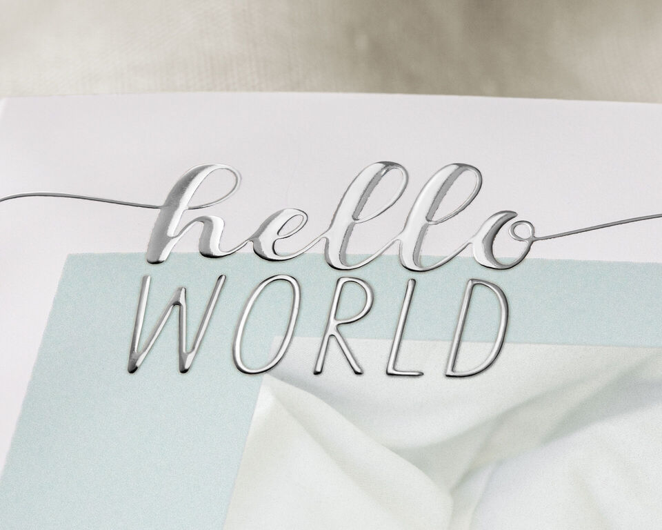 Ein kreatives Design mit dem Schriftzug "hello WORLD" auf einem weißen Hintergrund.